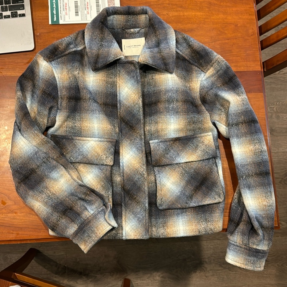 Lucky Brand Cropped Plaid Jacket, blue/black/brown Size xs